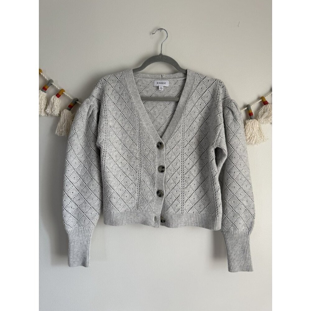 Evereve Pointelle Gray Puff Sleeve Button Down Cardigan Cottage Preppy Girly XS